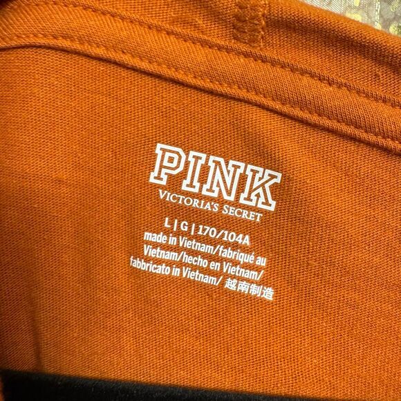 PINK Victorias Secret Orange Silver Glitter Varsity Long Sleeve Hoodie Shirt L N - Picture 3 of 10